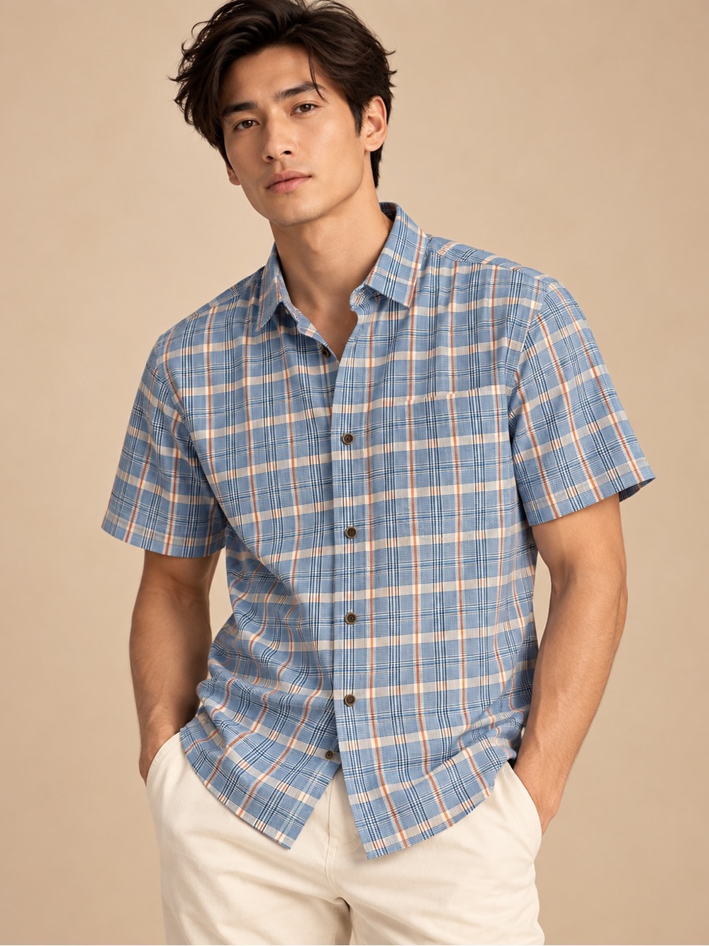 Four Way Stretch Blue Plaid Short Sleeve Button Down Shirt Size S